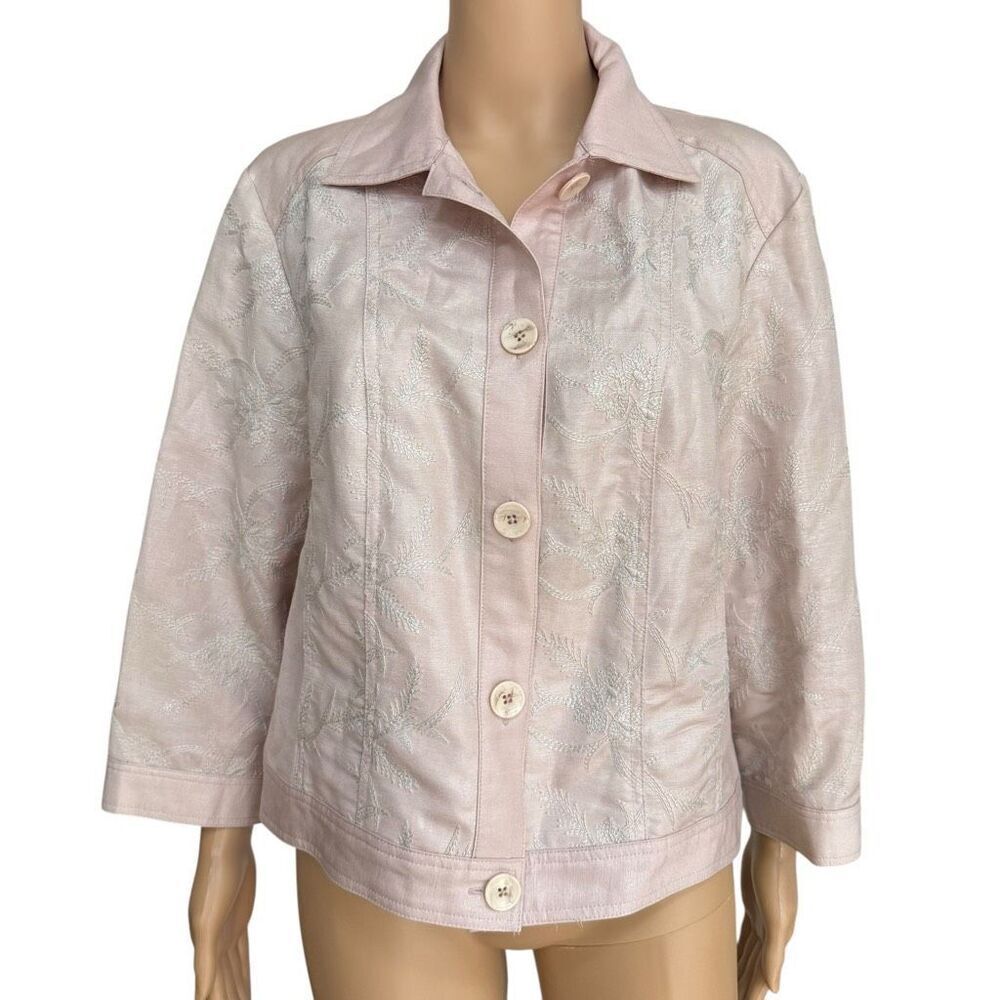 Chico's Jacket Womens Button Up Linen Blend Pink Floral Embroidered size 2/L